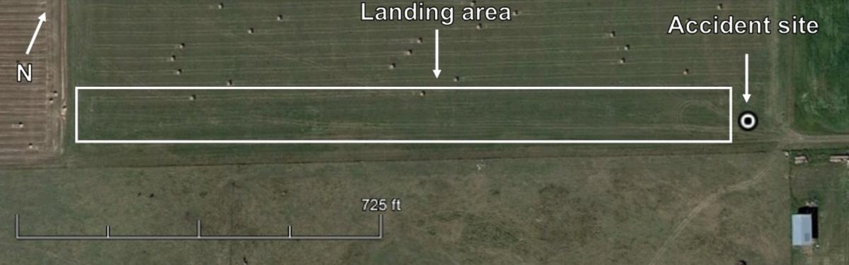 View of hay field and landing area (Source: Google Earth, with TSB annotations)
