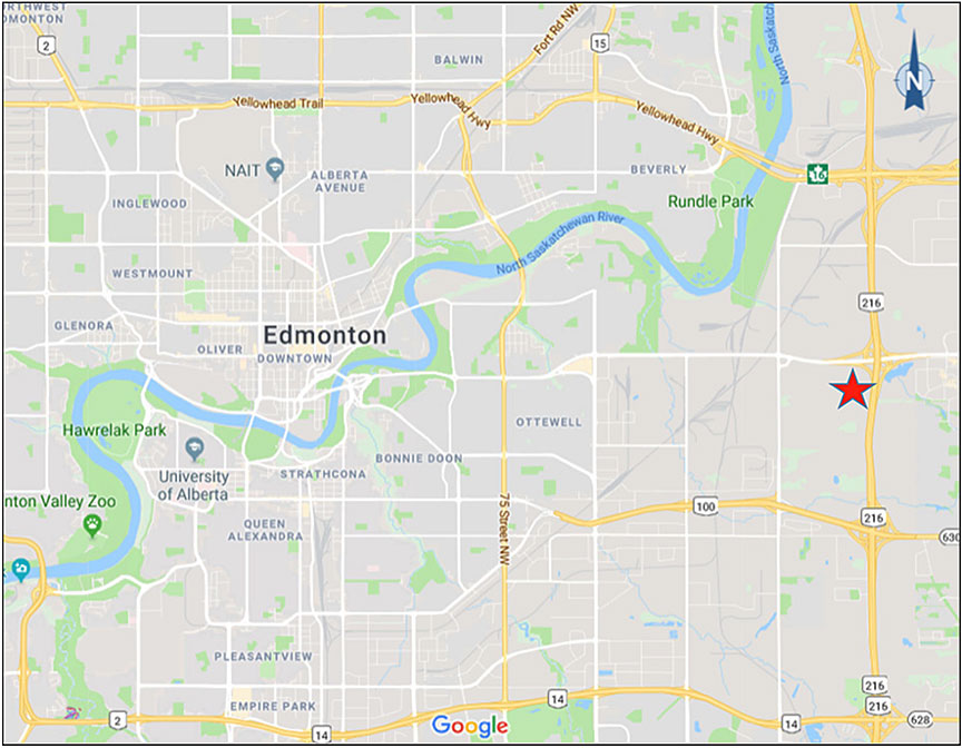Location (indicated by star) of the Sherwood Park, Alberta, petrochemical facilities