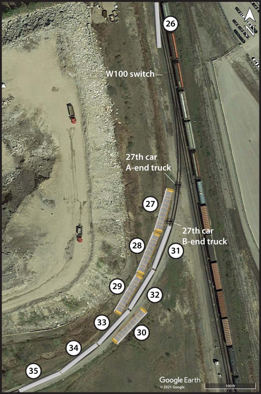 Location of derailed cars (Source: Google Earth, with TSB annotations)