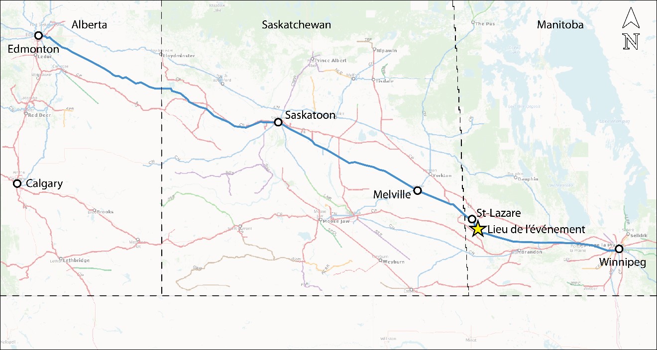 . Carte des lieux (Source : Atlas du rail canadien, Association des chemins de fer du Canada, avec annotations du BST)