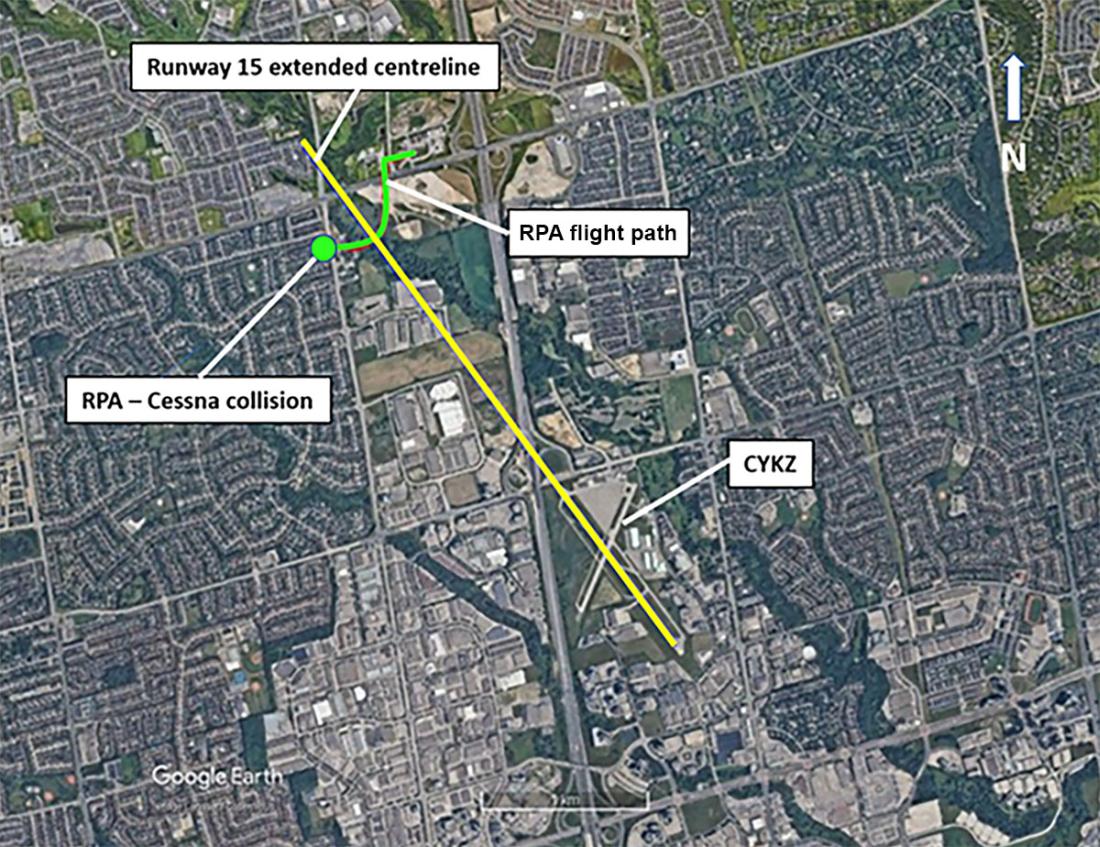 Overview of Toronto/Buttonville Municipal Airport, Ontario, and surrounding area, showing the collision location, the Runway 15 centreline, and the remotely piloted aircraft's flight path (Source: Google Earth, with TSB annotations)