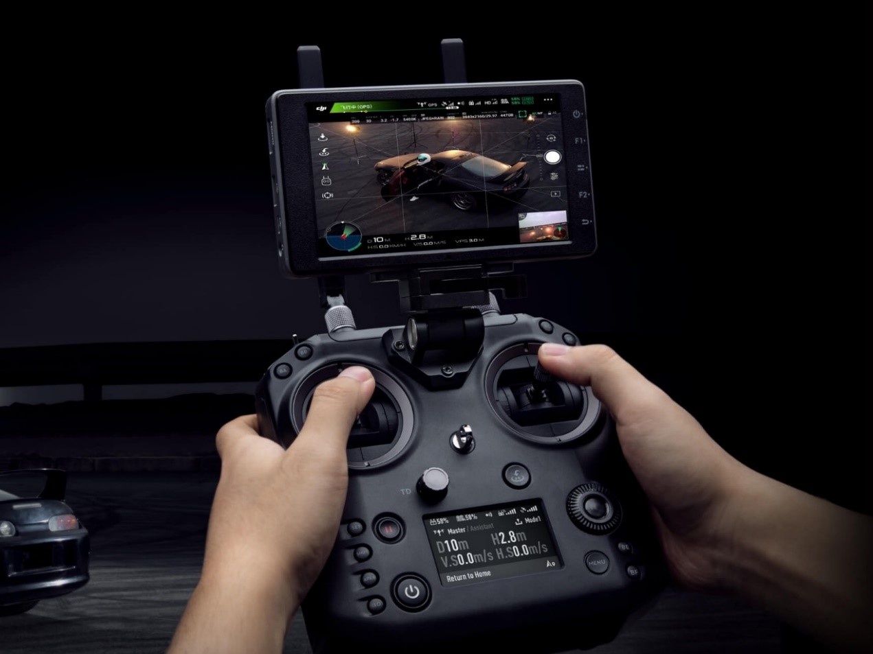 Photo of the DJI Cendence controller, with the CrystalSky monitor mounted on (Source: DJI)