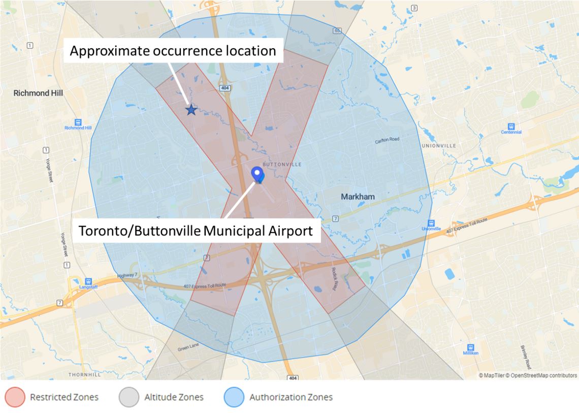 Example of DJI’s GEO system showing Buttonville Airport and restricted zones on map