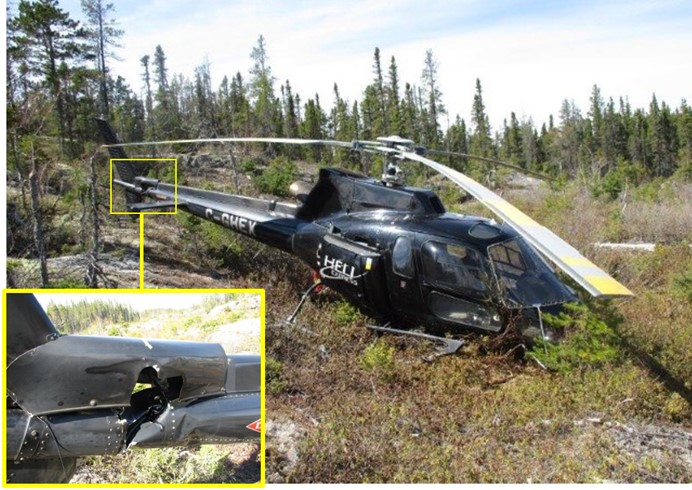 Photo of the wreckage, with inset image showing a magnified view of the damage to the tail (Source: Sûreté du Québec)