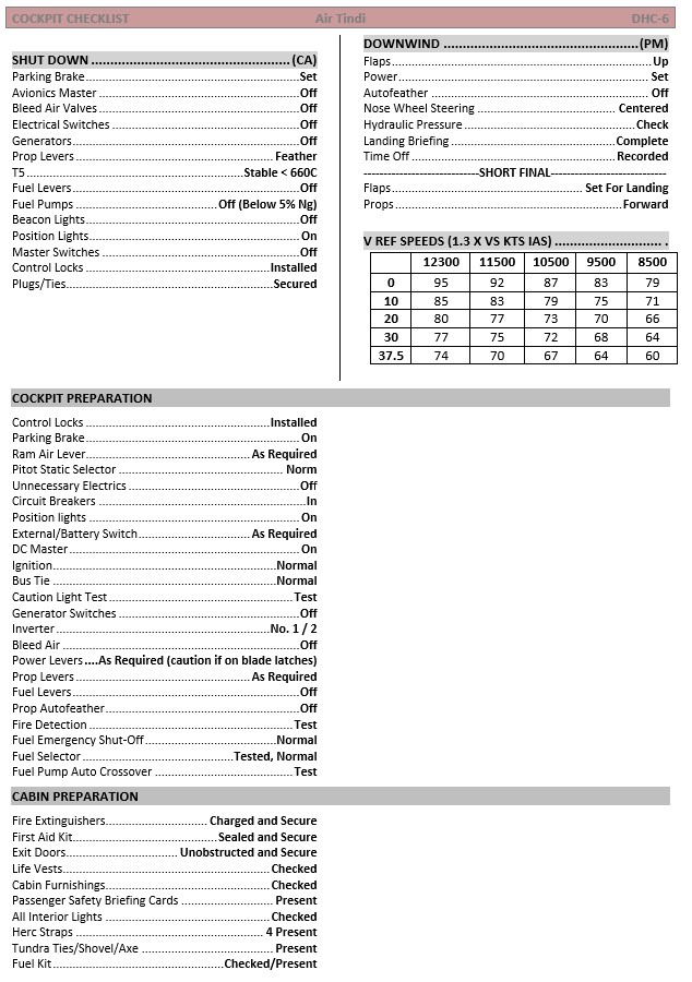 Air Tindi DHC-6 cockpit checklist
