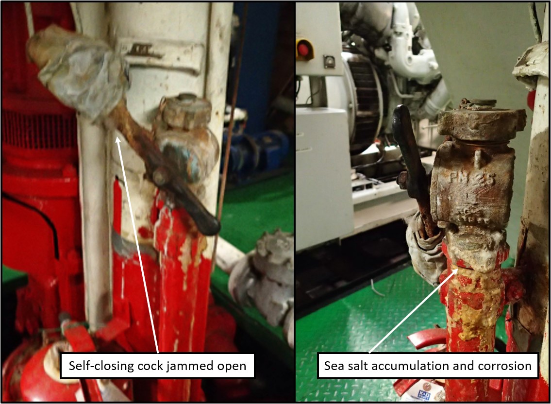 Self-closing cock on double-bottom tank jammed open (Source: TSB)