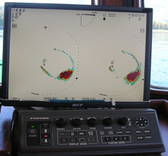 A dual scanning sonar showing the seine and the catch of sardines 