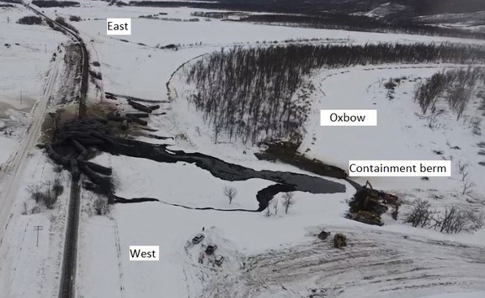 Aerial overview of the derailment site (Source: Curtis McLeod and Amon Rudolph, with TSB annotations)