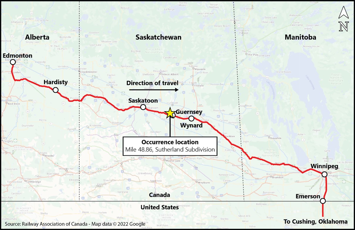 Map of the occurrence location (Source: Railway Association of Canada, Canadian Rail Atlas, with TSB annotations)
