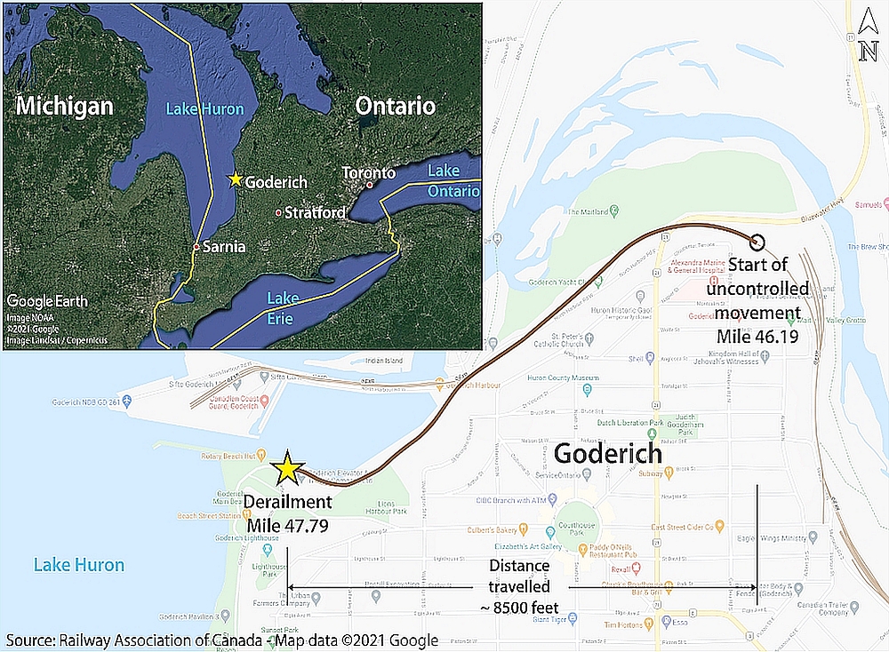 Map showing route taken by the uncontrolled movement, with inset map showing the location of the occurrence (Source of main image: Railway Association of Canada, with TSB annotations. Source of inset image: Google Earth, with TSB annotations)