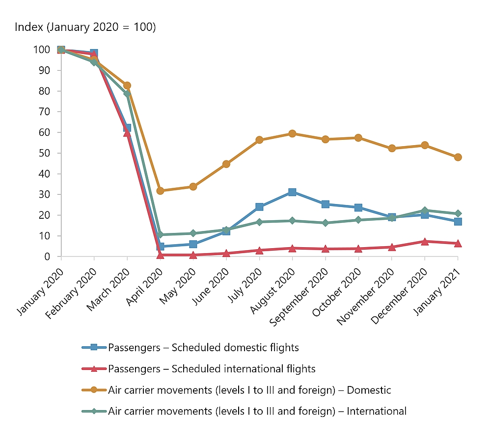 Indexes of passengers carried and air  carrier movements, domestic and international, January 2020 to January 2021 (Source: Statistics Canada)