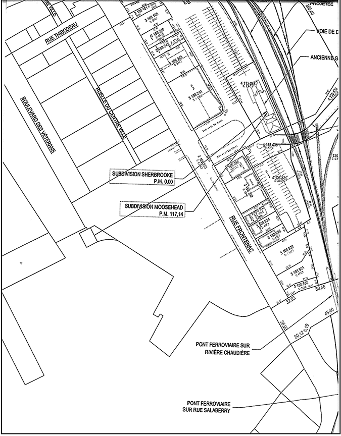Carte de point de raccordement aux points milliaires 117,14 de la subdivision de Moosehead et 0,0 de la subdivision de Sherbrooke