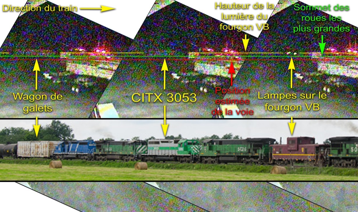 Photo de la position de la source de lumière inconnue par rapport au wagon de galets et à la locomotive CITX 3053