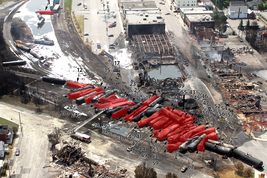 Photographie aérienne de wagons (en rouge) avec brèches de coque résultant de dommages attribuables aux chocs