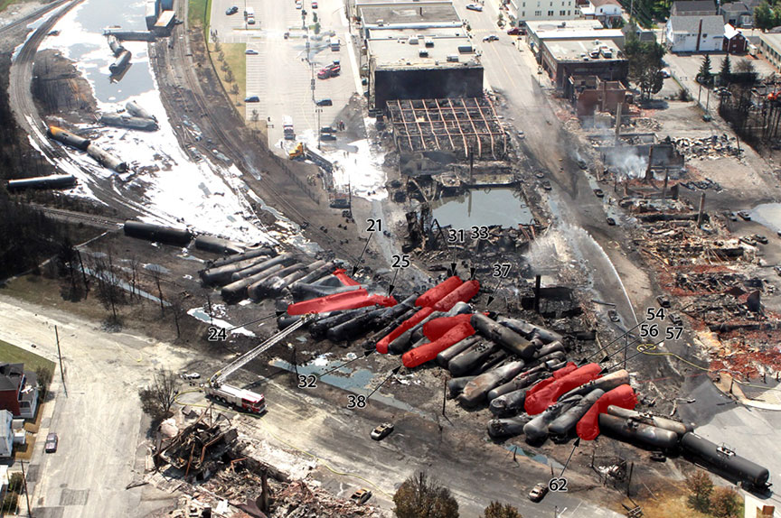 Photographie aérienne de wagons (en rouge) avec brèches aux DDP résultant de dommages attribuables aux chocs