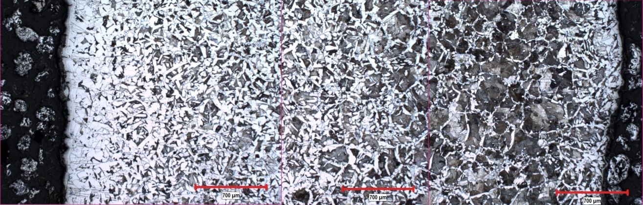 (a) Coupon 34S – Montage de micrographies optiques montrant la variation de microstructure à travers l'épaisseur de la tôle (surface extérieure à gauche, surface intérieure à droite, attaque au nital, grossissement initial de x25)