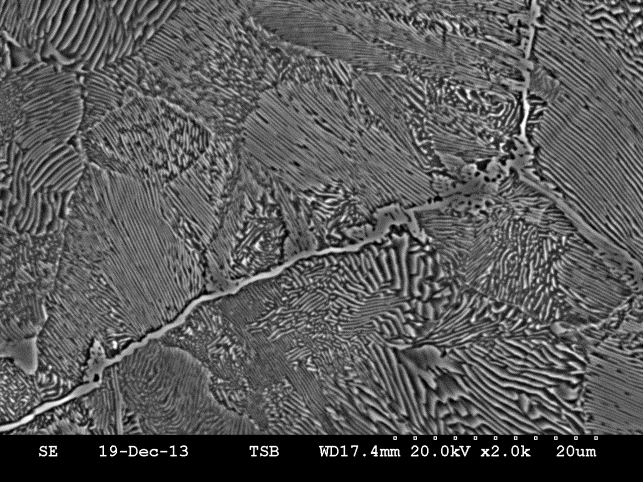(d) Coupon 34S -  Micrographie MEB, prise à proximité de la surface intérieure, des carbures décorant les joints des grains d'austénite antérieure (attaque au nital, grossissement initial de x2000)