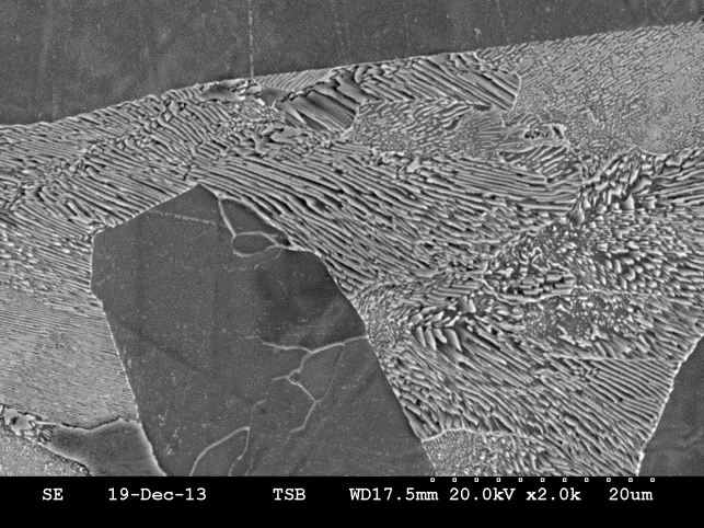 (g) Coupon 34S - Micrographie MEB prise au milieu de la coupe transversale (attaque au nital, grossissement initial de x2000)