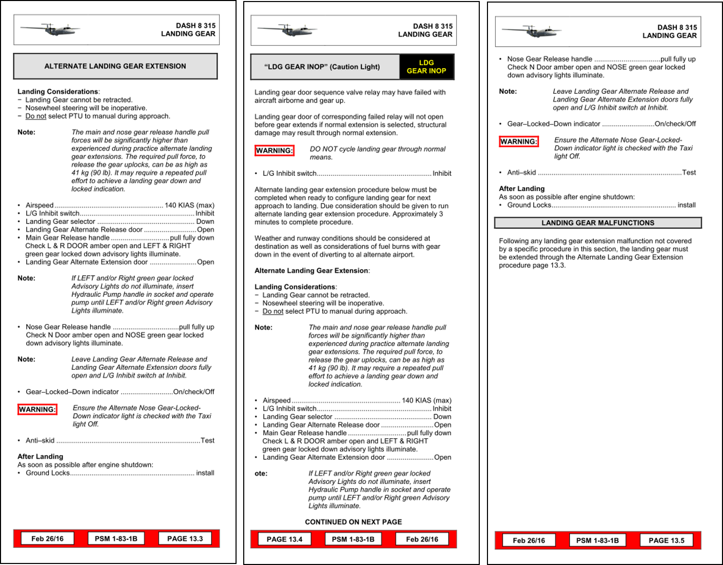 Manuel de référence rapide pour l’avion Dash 8 – Listes de vérification ALTERNATE LANDING GEAR EXTENSION (circuit de secours de sortie du train d’atterrissage) et LDG GEAR INOP (train d’atterrissage non fonctionnel)