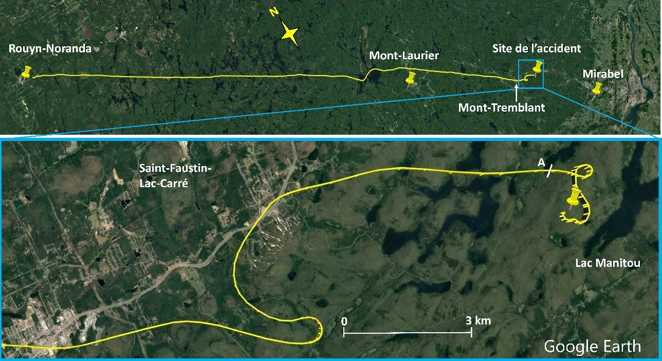 Route de C-FSII selon les données GPS (partie supérieure), avec agrandissement du lieu de l’accident (partie inférieure) (Source : Google Earth, avec annotations du BST. Source des données de carte : Landsat / Copernicus)