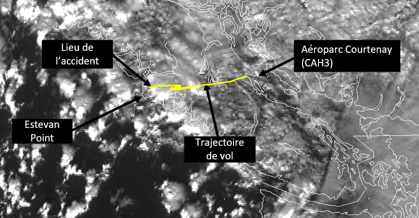 Image satellite visible des nuages prise par GOES-15 environ 15 minutes après l’événement (Source : Environnement et Changement climatique Canada, avec des annotations du BST)