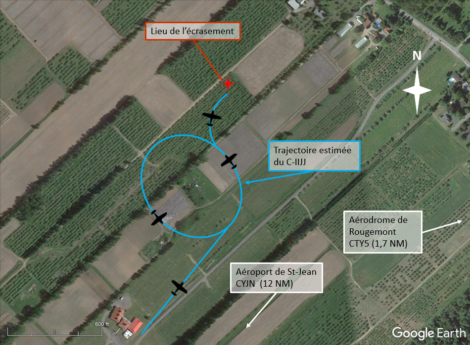 Trajectoire estimée de l’avion à l’étude (Source : Google Earth, avec annotations du BST)