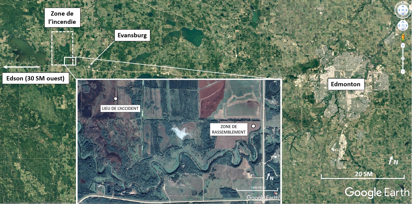 Carte montrant le lieu de l’accident et la zone approximative de l’incendie, avec la zone de rassemblement du lieu de l’accident illustrée en médaillon (Source des images principale et en médaillon : Google Earth, avec annotations du BST)