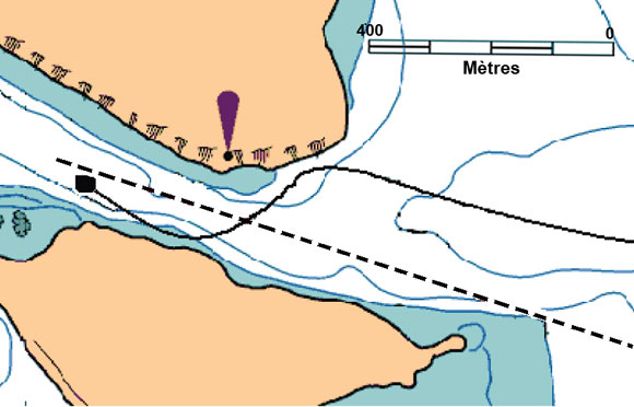 Ligne montrant que le navire a heurté l'île de l'Entrée puis s'est dirigé vers l'île Schooner (ligne continue).