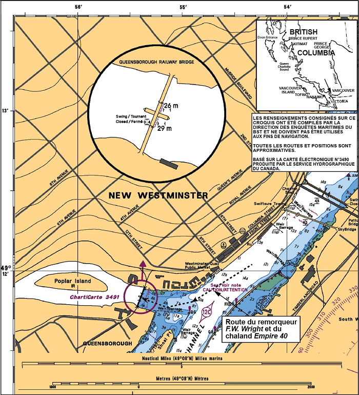 Carte illustrant le trajet du remorqueur et du chaland sur le fleuve Fraser jusqu'au pont Queensborough