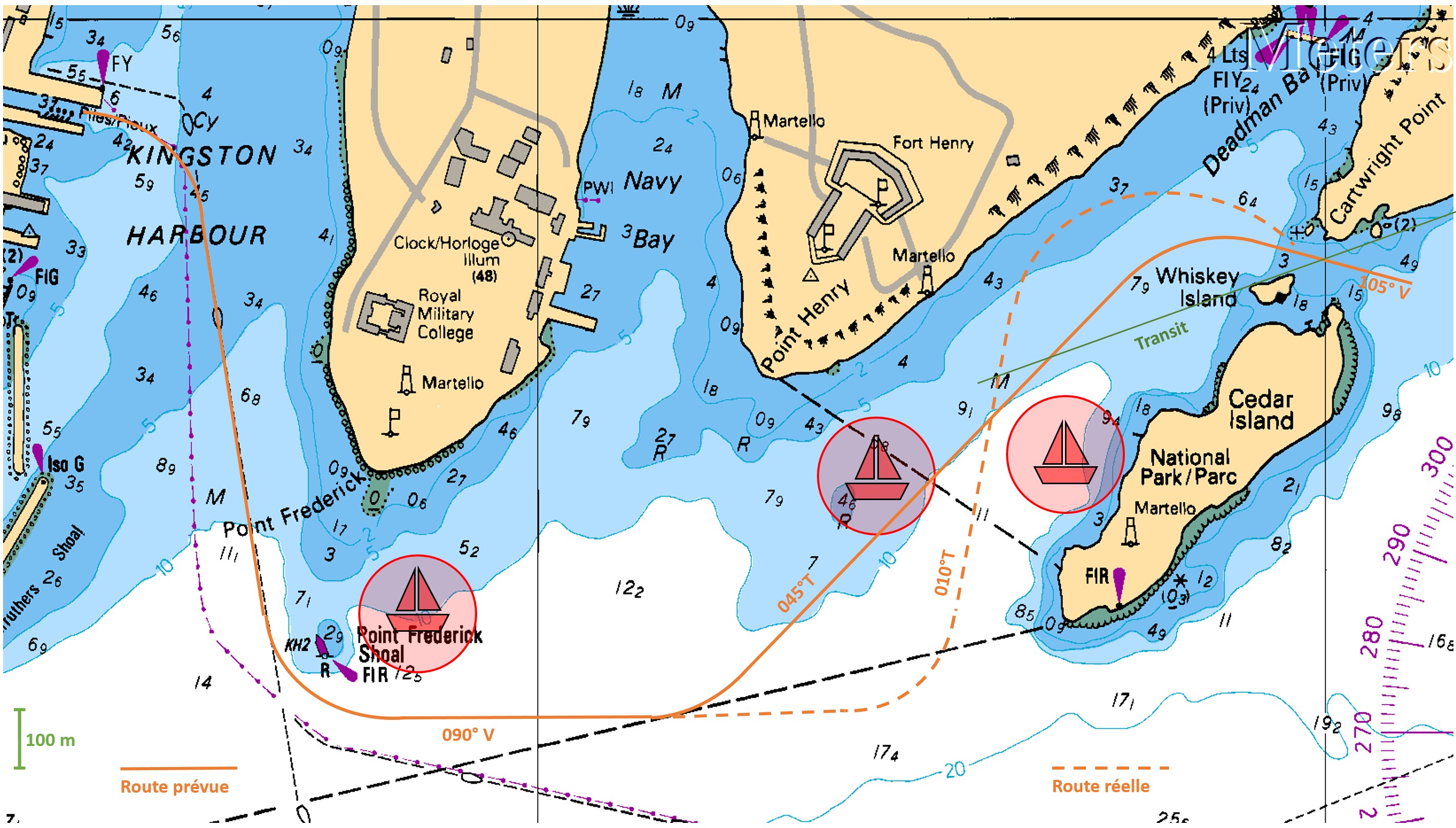 Route de l’Island Queen III à partir du port de Kingston jusqu’à la pointe Cartwright (indiquée en orange) et dériveurs de l’école de voile (indiqués par des bateaux rouges) (Source : Service hydrographique du Canada, carte 2017, Kingston Harbour and Approaches/et les approches, avec annotations du BST)