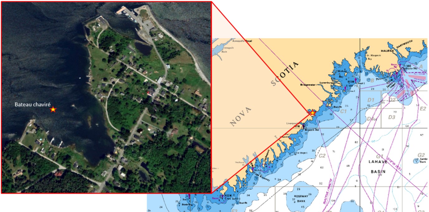 Carte du lieu de l’événement, avec une image insérée montrant l’emplacement du chavirement (Source de l’image principale : Service hydrographique du Canada, carte 4003. Source de l’image insérée : Google Earth, avec annotations du BST)