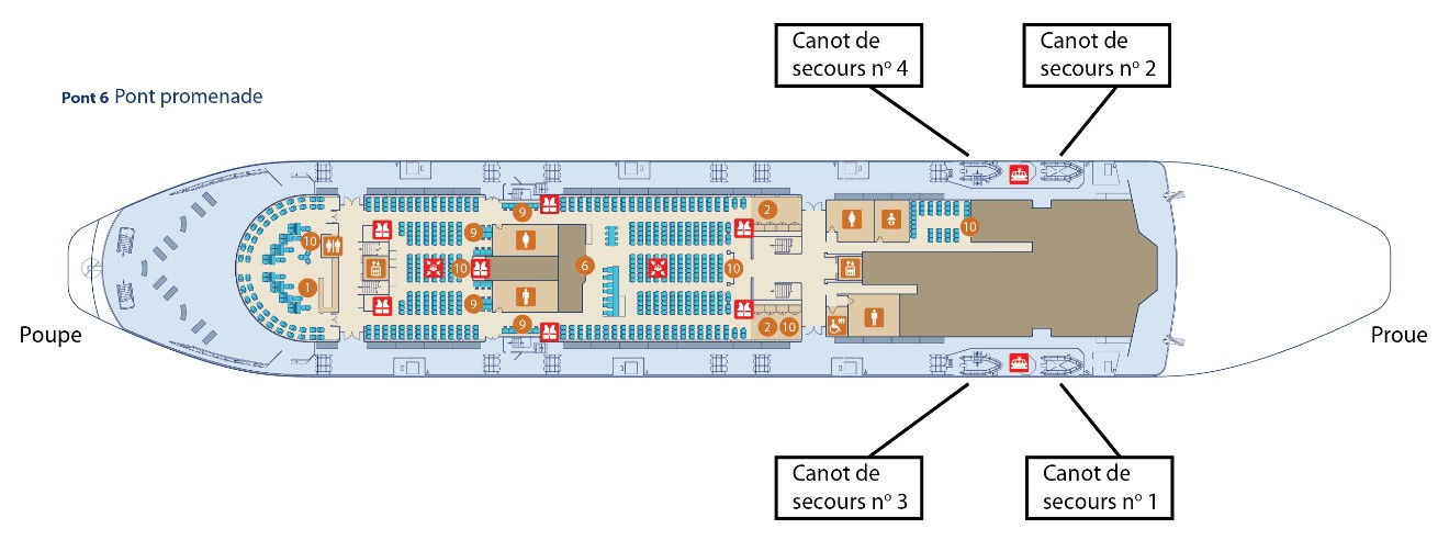 Diagramme montrant l’emplacement des 4 canots de secours sur le pont 6 du Spirit of Vancouver Island (source : CruiseMapper, avec annotations du BST)