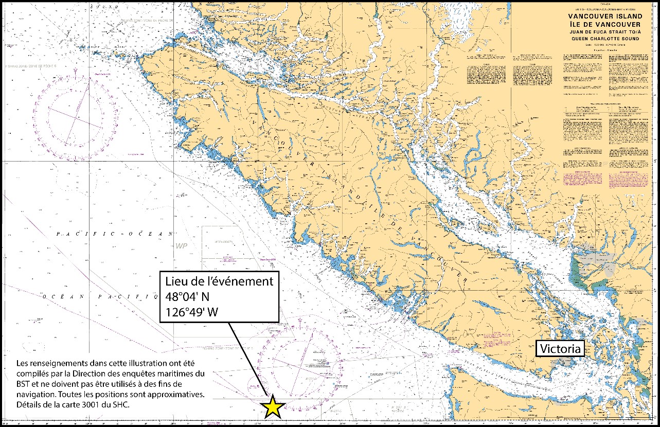 Carte du lieu de l’événement (Source : Service hydrographique du Canada, avec annotations du BST)