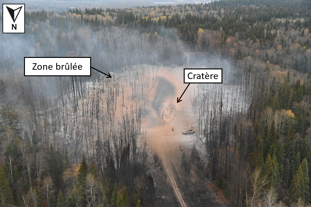 Vue aérienne de la zone touchée par l’incendie causé par la rupture du gazoduc (Source : GRC, avec annotations du BST)