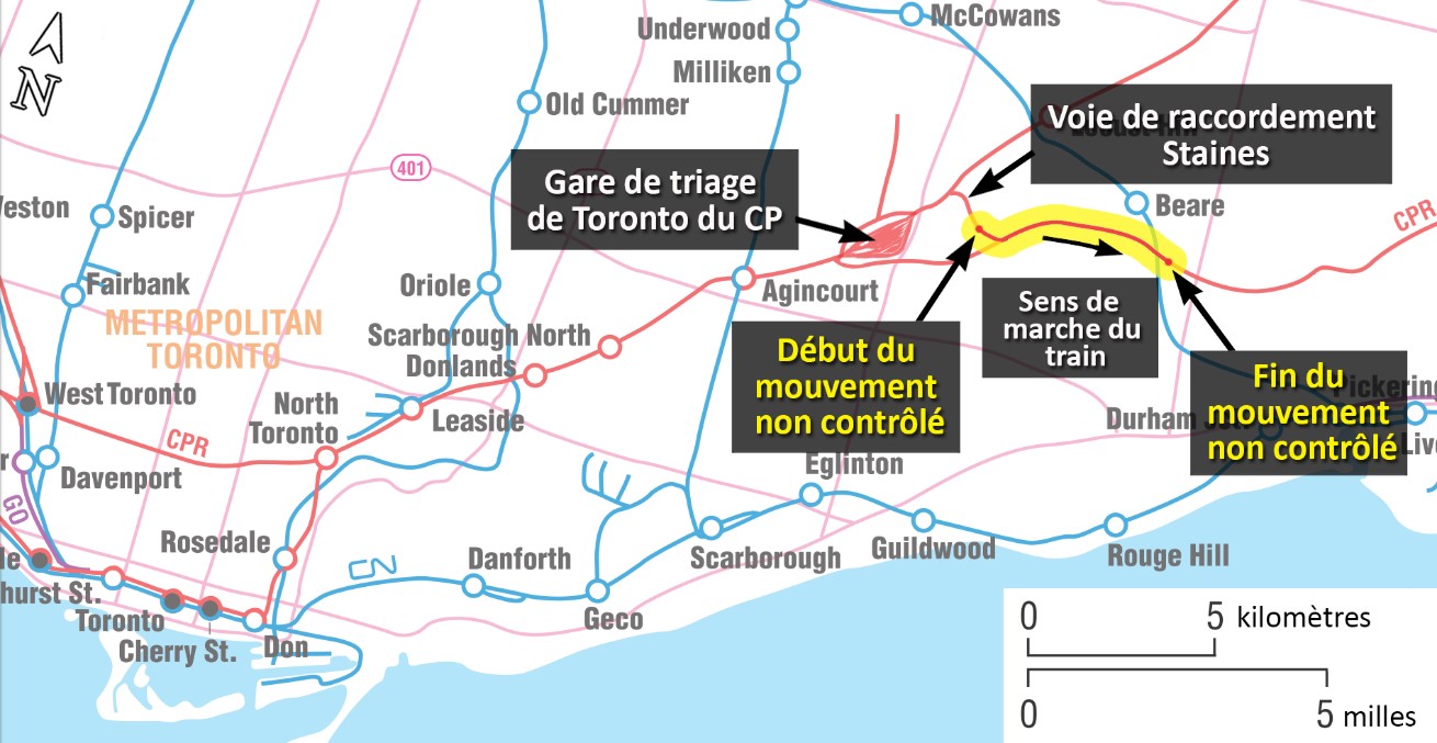 Carte du lieu de l’accident, indiquant les points de départ et de fin du mouvement non contrôlé (Source : Association des chemins de fer du Canada, <em>Atlas du rail canadien</em>, avec annotations du BST)