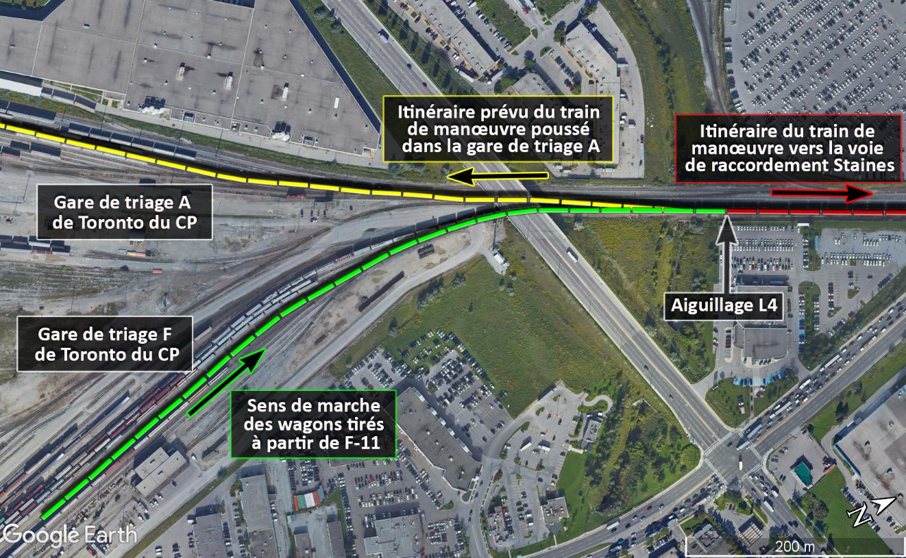 Carte de l’extrémité est de la gare de triage de Toronto (Source : Google Earth, avec annotations du BST)