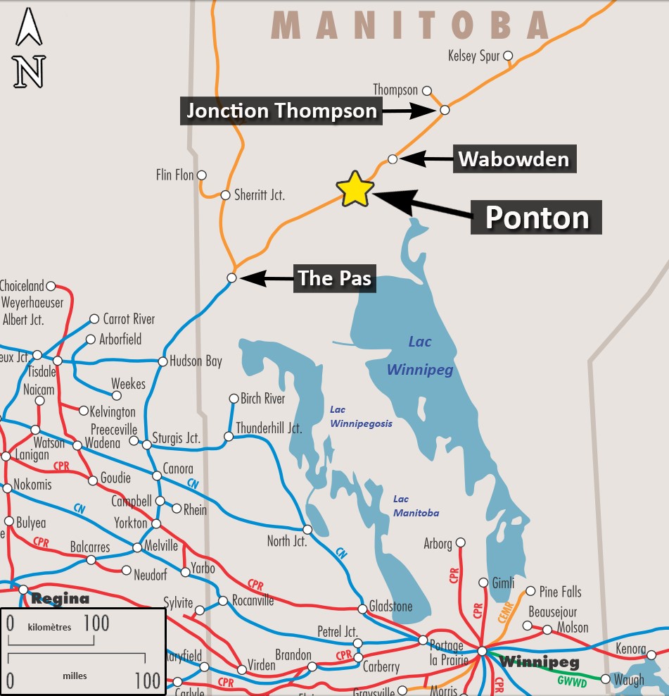 Carte du lieu de l’événement (Source : Association des chemins de fer du Canada, Atlas des chemins de fer canadiens, avec annotations du BST)