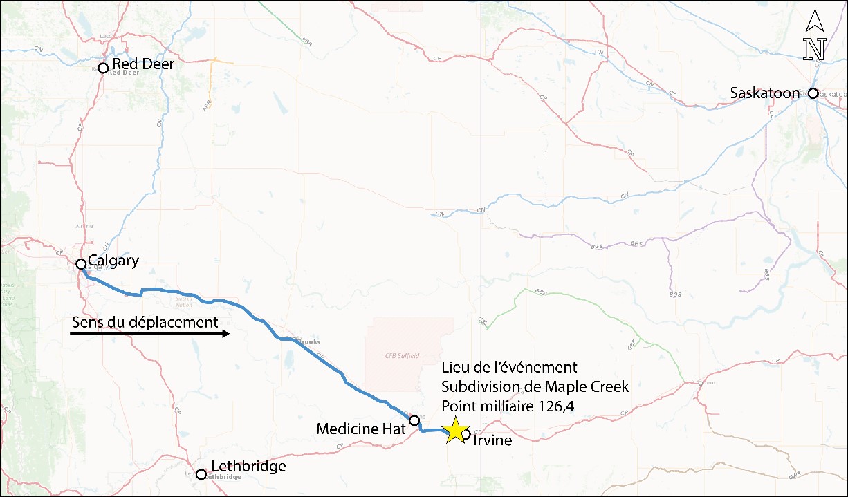 Carte du lieu de l’événement (Source : Association des chemins de fer du Canada, <em>Atlas des chemins de fer canadiens,</em> avec annotations du BST)