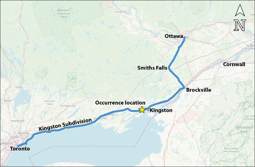  Carte indiquant la route prévue de VIA 48 et le lieu de l’événement (Source : Association des chemins de fer du Canada, Atlas des chemins de fer canadiens, avec annotations du BST).