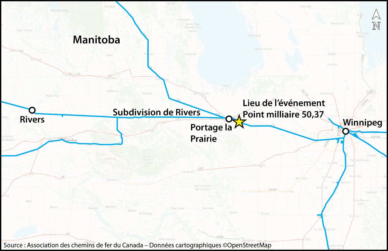 Lieu de l’événement (Source : Association des chemins de fer du Canada, Atlas des chemins de fer canadiens, avec annotations du BST)