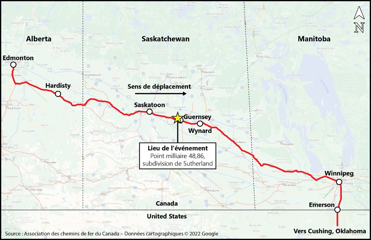 Carte du lieu de l’événement (Source : Association des chemins de fer du Canada, Atlas du rail canadien, avec annotations du BST)