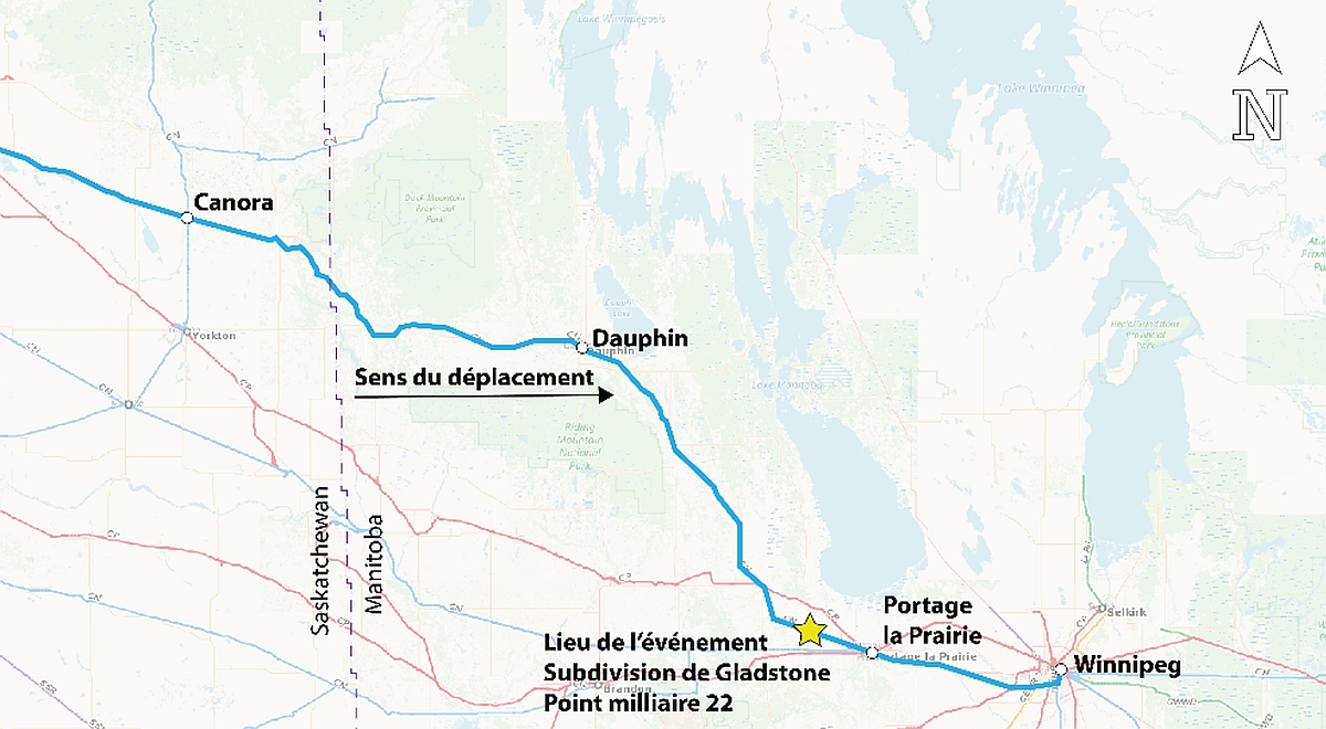 Lieu du déraillement (Source : Association des chemins de fer du Canada, <em>Atlas des chemins de fer canadiens</em>, avec annotations du BST)