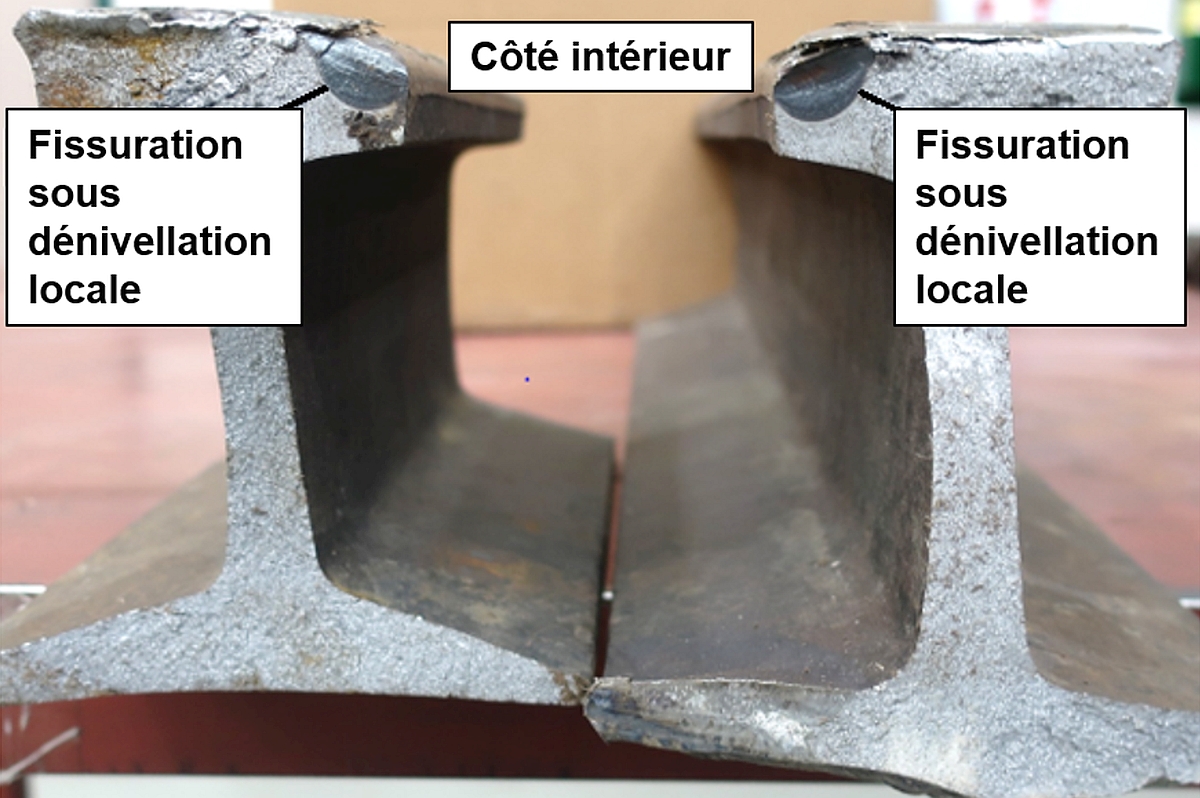 Surfaces fracturées exposées de la rupture de rail B avec fissuration sous dénivellation locale du congé (surface sombre) d’une profondeur d’environ ⅝ pouce et d’une largeur de ¾ pouce (Source : BST)
