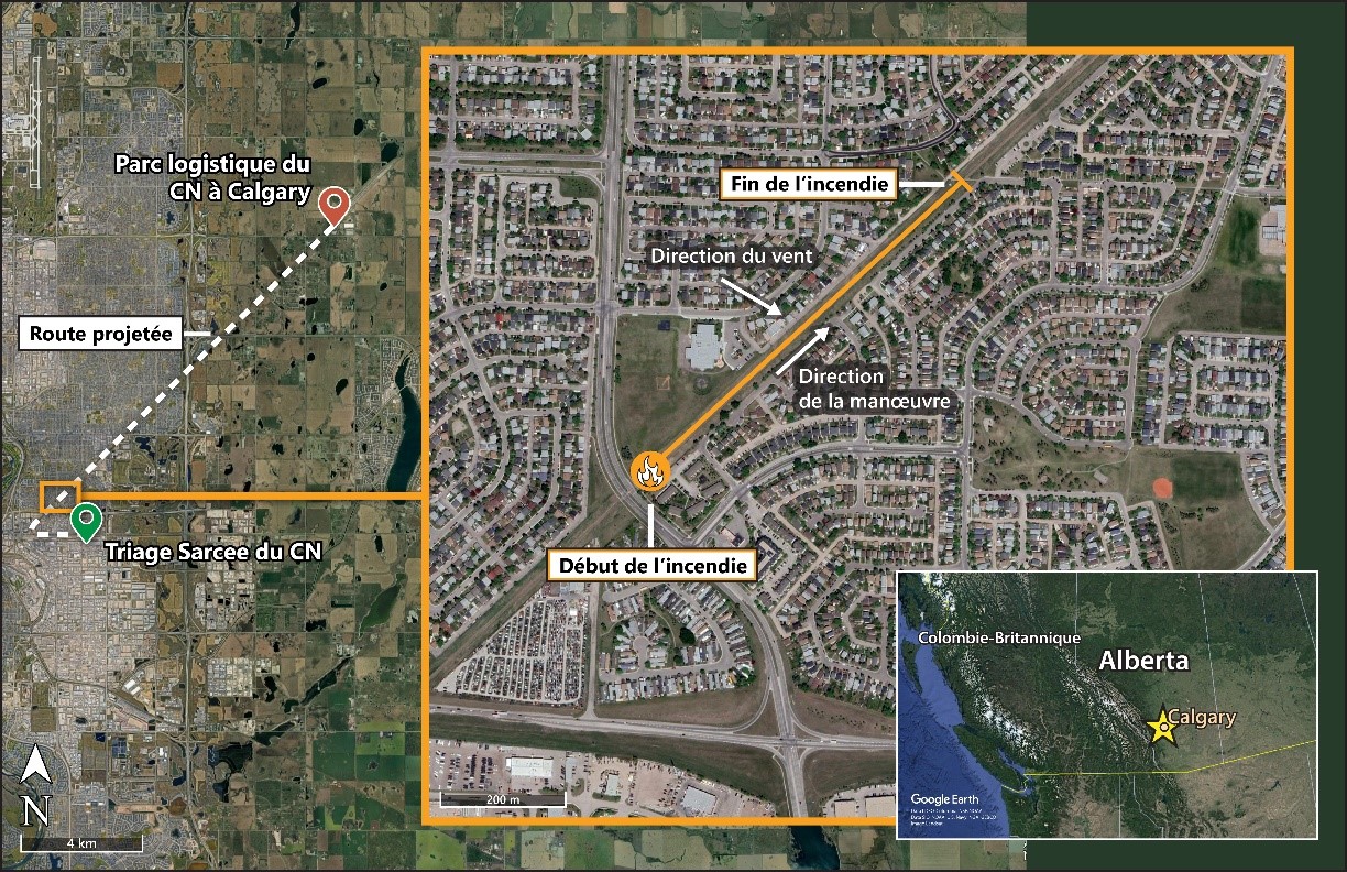 Carte du lieu de l’événement montrant l’itinéraire prévu du train, avec en médaillon une carte montrant l’emplacement des feux d’herbe sur l’emprise et une plus petite carte en médaillon montrant l’emplacement de la ville de Calgary en Alberta (Source : Google Earth, avec annotations du BST)