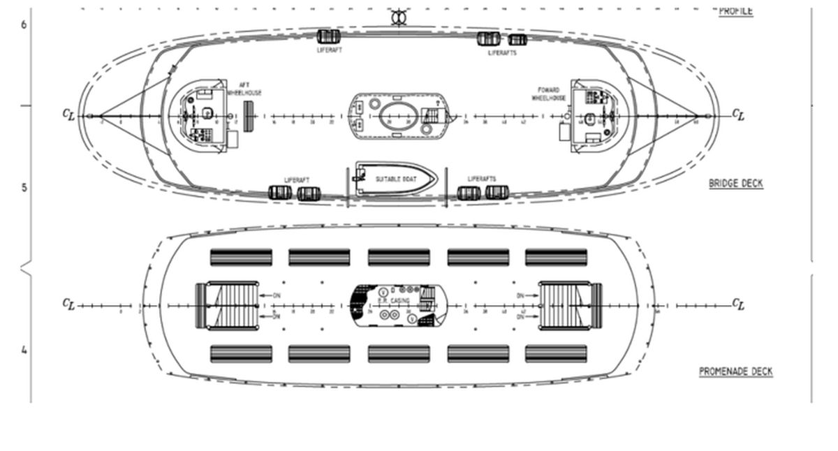 Figure A2. Diagramme du pont de la passerelle et du pont promenade du Sam McBride (Source : Allswater Naval Architects & Engineers, City of Toronto, Sam McBride and Thomas Rennie, Intact and Damage Stability Booklet, révision 3 [3 février 2014])