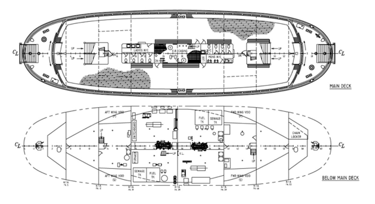 Figure A3. Diagrammes du pont principal et du dessous du pont principal du Sam McBride (Source : Allswater Naval Architects & Engineers, City of Toronto, Sam McBride and Thomas Rennie, Intact and Damage Stability Booklet, révision 3 [3 février 2014])