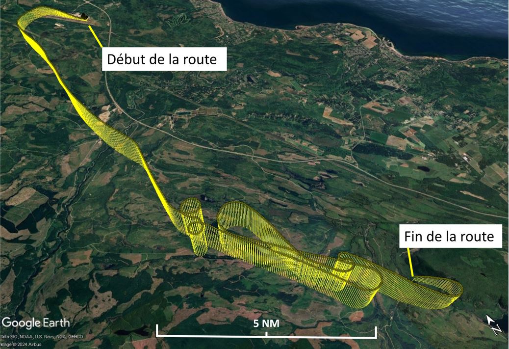 Figure 1. Carte montrant la route du vol à l’étude à partir de l’aéroport de Campbell River (Source : Google Earth, avec annotations du BST)