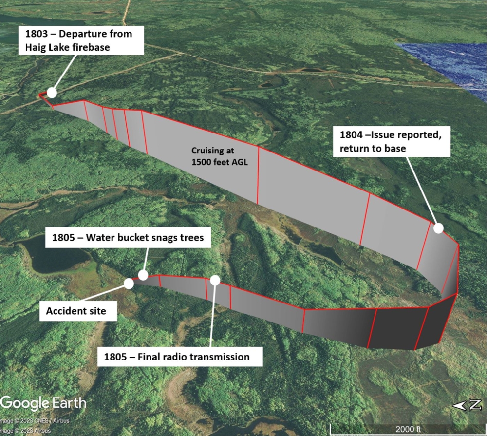 Figure 1. Occurrence aircraft’s flight path leading to the accident site (Source: Google Earth, with TSB annotations)