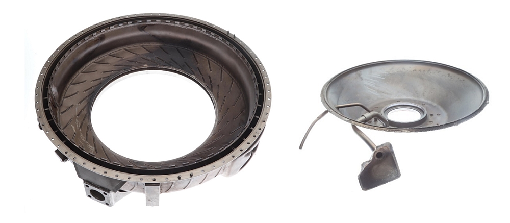 Figure 5. Air diffuser casing assembly (left) and No. 2 bearing support cone (right) separated at the braze joint (Source: TSB)