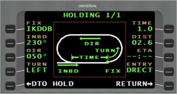 Figure 8. Page de définition du circuit d’attente (Source : Universal Avionics, FMS Trainer v4.1.0.600) Figure 8. Page de définition du circuit d’attente (Source : Universal Avionics, FMS Trainer v4.1.0.600)